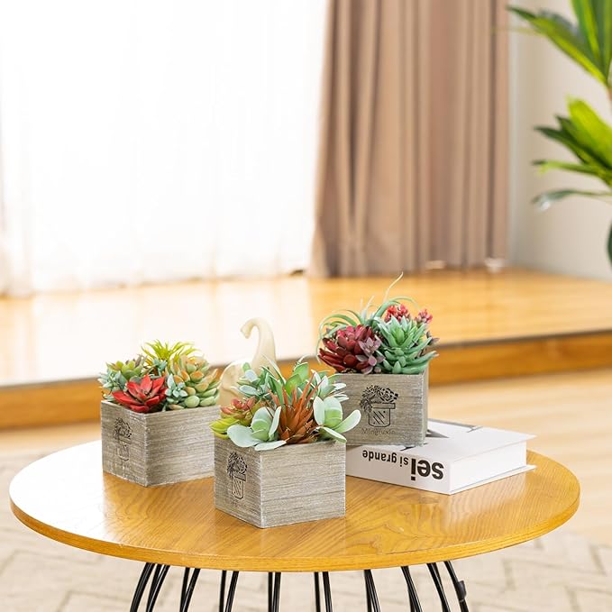 Mingfuxin Succulents Plants Artificial with Light, Small Fake Plants in Pots for Home Decor, Potted Decorative Succulents Plants for Table Desk Bathroom Office Room Decor