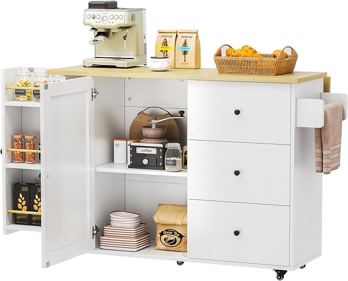 IRONCK Kitchen Island with Storage, 47.2in Rolling Island on Wheels, Kitchen Cart with Drop Leaf, 3 Spacious Drawers, Storage Cabinets and Towel Rack for Home, Dining Room