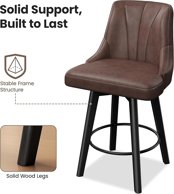 Counter Height Swivel Bar Stool, 24" Upholstered PU Leather Barstools, Counter Stool Chair with Back & Solid Wood Legs for Kitchen Island Dining Room (Brown)