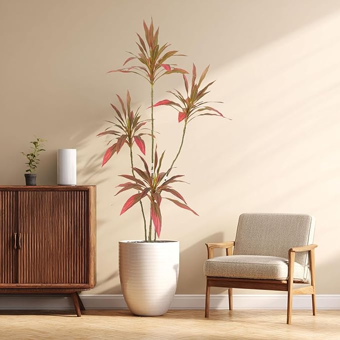 Artificial Cordyline Plant, Indoor Potted Plant, 4 Stems with Black Planter, Suitable for Large Indoor Living Room Decorations, Potted Plants, and Window Display Scenes (Red-5.3ft)