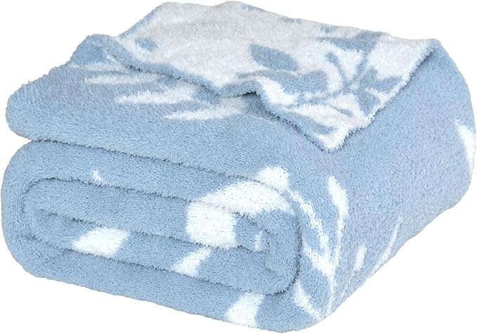 Leaf Pattern Throw Blanket Soft Cozy Spring Blanket for Bed, Couch, Sofa Lightweight Breathable Stylish Seasonal Home Decor Blanket Dusty Blue 60x80 Inches