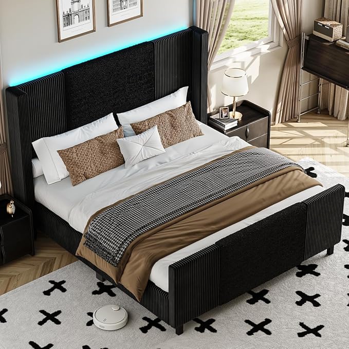 Queen Size Bed Frame with Tall Headboard and Footboard, Boucle and Corduroy Upholstered Bed Frame Queen with LED Lights, Modern Platform Bed Frames, Noiseless, Easy Assembly, Black