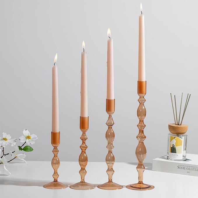 Glasseam Amber Taper Candle Holders: Set of 4 Decorative Modern Candle Sticks Holder Decor Tall Candlestick Holders for Table Fall Centerpiece Dining Thanksgiving Halloween