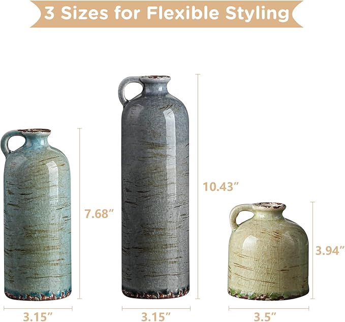 Ceramic Vase Set of 3 – Handcrafted Modern Farmhouse Decorative Vase, Neutral Pottery for Pampas Grass, Flowers, Table Centerpieces, Living Room, Mantel & Shelf Decor – Multicolor