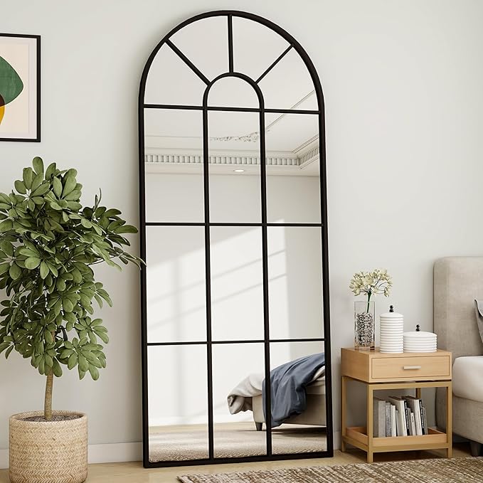 24"×65" Windowpane Arched Full Length Mirror, Grid-Designed Decorative Farmehouse Full Body Floor Mirror with Metal Frame Hanging Leaning for Entryway, Living Room, Home Decor, Black