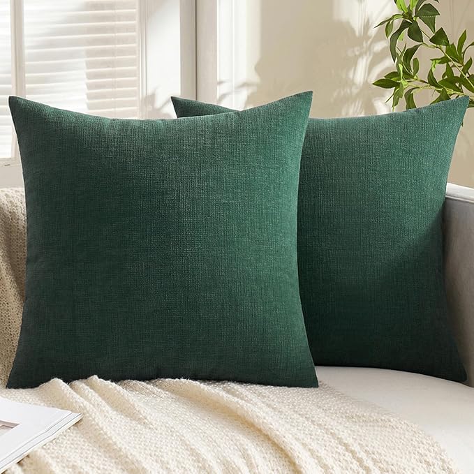 MIULEE Dark Green Couch Pillow Covers 18x18 Inch, Set of 2 Soft Chenille Decorative Square Throw Pillow Covers Christmas Farmhouse for Sofa Living Room Bed
