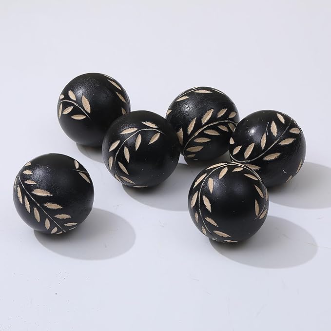 Set of 6 Decorative Orbs for Bowls and Vases- Leaf Pattern - 2.6in Resin Round Sphere Balls for Living, Dining Room Coffee Table Centerpiece Home Decor