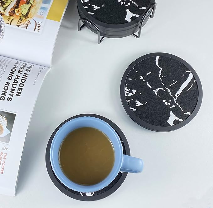 Absorbent Coasters for Drinks with Holder - 6packs, Silicone Coaster with Soft Felt Insert (4.5 inch Holder, Marble Pattern)