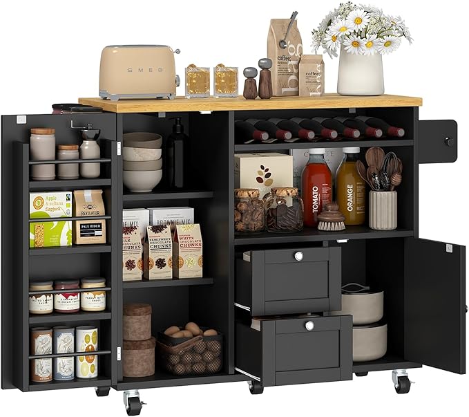 Rolling Kitchen Island with Storage Cabinet, 41.3'' Width Kitchen Cart with Desktop Drop Leaf Countertop, Portable Mobile Kitchen Island with Towel Rack, Spice Rack Shelf and Lockable Wheels, Black