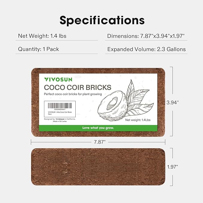 VIVOSUN Coco Coir Brick, 1.4lbs 100% Natural Organic Compressed Coconut Coir Fiber with Low EC, PH Balance & High Nutrition, Coconut Fiber Substrate, Coconut Soil for Plants