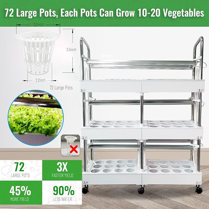 Large 3-Tier Indoor Hydroponics System Kit with Grow Lights, Double Water Pump Indoor Garden, and 72 Large Pods for Vegetables Herbs Microgreens