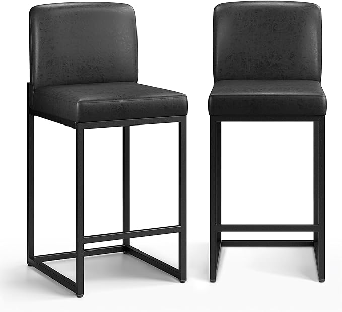 PHI VILLA Black Leather Bar Stools Set of 2, Counter Height Bar Chairs, 24 inch Kitchen Modern Bar Stool with Back