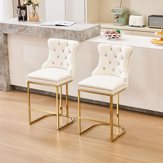 UVV Counter Height Bar Stools Set of 6, 26" Modern Barstools with Back, Velvet Upholstery Counter Chairs with Metal Legs for Kitchen Island, Bar, Counter, Beige