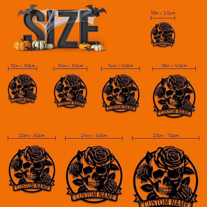 Personalized Skull and Rose Metal Sign, Custom Name Gothic Rose Decor for Garage, Man Cave, Motorcycle Club, Halloween Party, Custom Halloween Metal Wall Art, Spooky Skeleton Home Decor