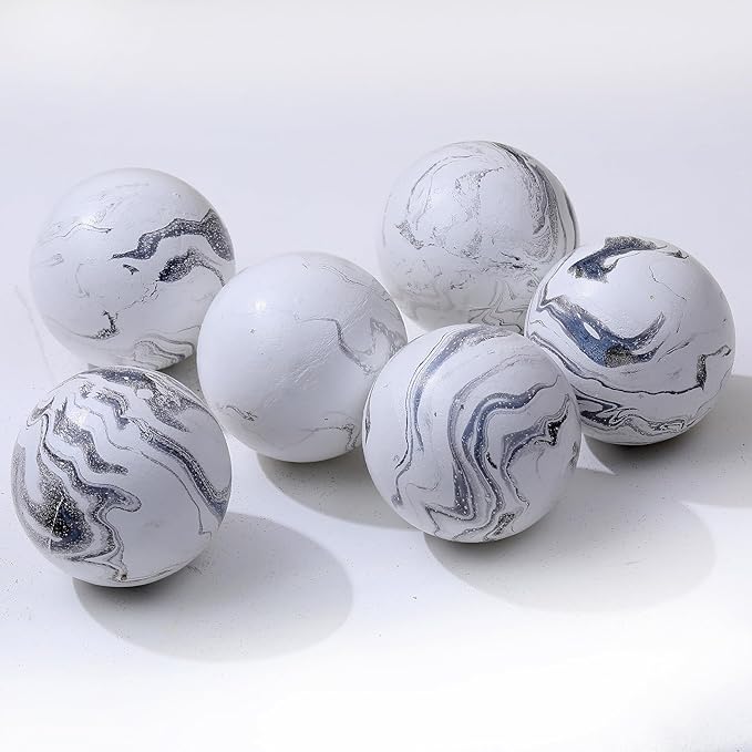 Set of 6 Decorative Orbs for Bowls and Vases - 2.6in Resin White Howlite Round Sphere Balls for Living, Dining Room Coffee Table Centerpiece Home Decor
