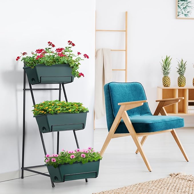 Raised Garden Bed 3 Tier Vertical Garden Planter Standing Garden Bed Planter Box Outdoor Herb Planter with Drainage Holes Removable Tray for Patio Balcony Porch Green