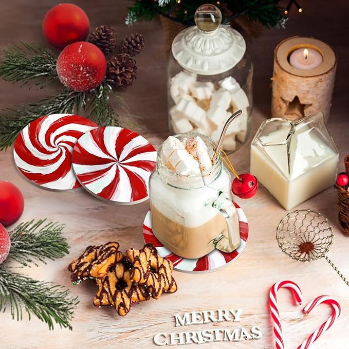 Christmas Drink Absorbent Coasters with Holder Set of 6, Ceramic Stone with Cork Base, Red and White Candy Cane Coaster for Drinks, Gift for Housewarming Room Bar Home Decor Kitchen