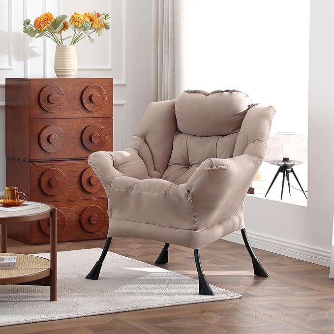 Welnow Lazy Chair for Living Room, Modern Reading Lounge Accent Chair with Armrests and a Side Pocket, Leisure Upholstered Lazy Sofa for Small Space, Bedroom, Dorm, Khaki