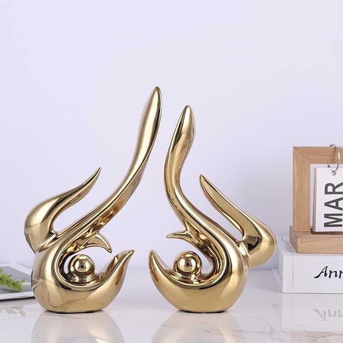 Gold decorative accents, ceramic abstract sculptures and statues, modern art mid century decorative coffee table living room dining room table bedroom office home shelves fireplace countertop decor.