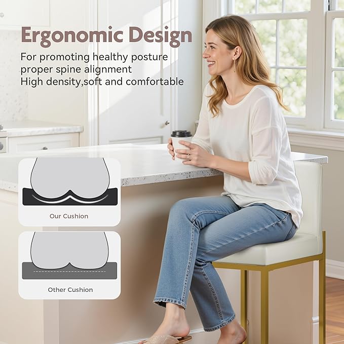 ALPHA HOME 24 Inch Bar Stools Kitchen Counter Stools with Back Pu Leather Counter Chair Counter Height Bar Stools with Upholstered Footrest Sturdy Chromed Metal Steel Frame, White