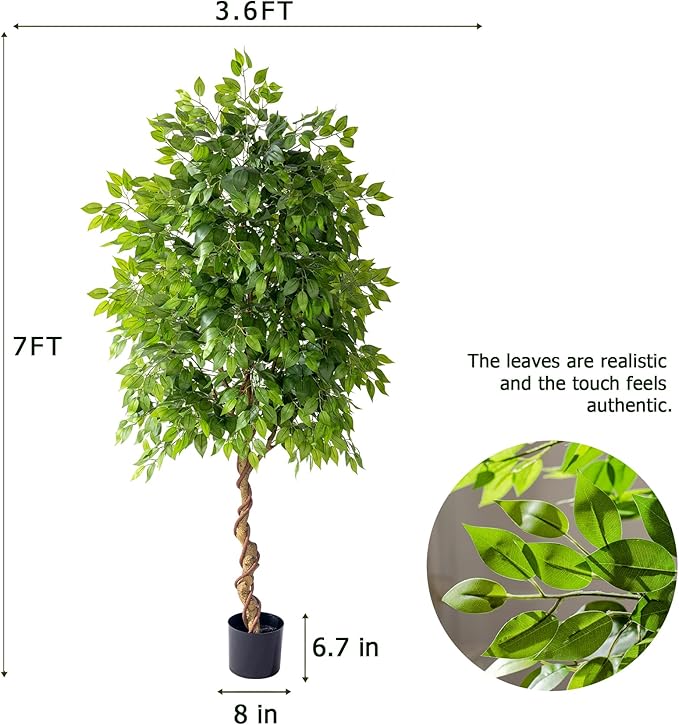 7ft Artificial Ficus Tree for Home Decor, Faux Silk Plants Faux Plant Fake Silk Trees with Pot for Indoor House Living Room Office Garden