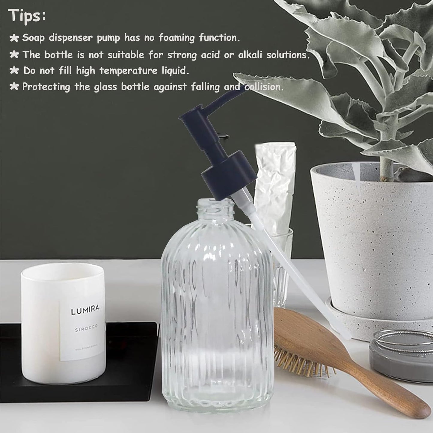 Clear Glass Soap Dispenser with Pump, 2 Pack 13.5oz Bathroom Soap Dispenser with Vertical Stripe for Hand Wash and Dish Wash, Elegant Refillable Hand Dispenser for Dishwashing Liquid, Lotion