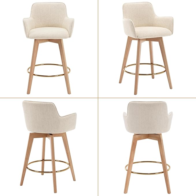 Counter Height Swivel Bar Stools, Linen Upholstered Bar Stools with Back, Arms, Solid Wooden Legs, 26 Inch Chairs for Kitchen Island, Home Pub, Cafe, 2 Pcs, Beige