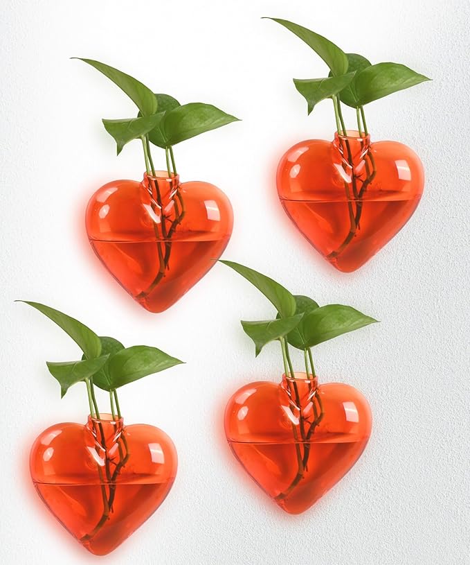 Nacome Wall Hanging Glass Planter Terrarium Plant Propagation Station, 4 Pack Heart Shape Vase for Hydroponic Home Office Garden Decor,Unique Gardening Gifts for Plant Lovers Women Mom(Orange)
