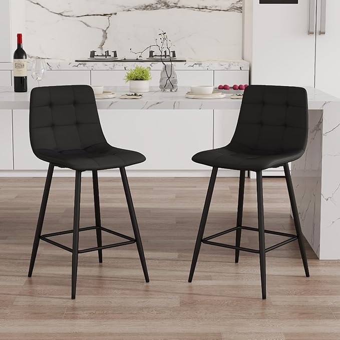 Black Barstools Set of 2, 24.4" Counter Height Bar Stools with Back & Metal Footrest, Modern Island Chairs Set of 2 for Kitchens Island Home Bar