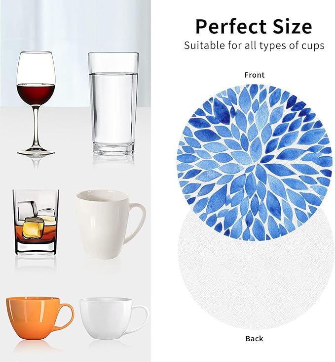 Blue Watercolor Flower Petals Coasters Set of 6 Coasters for Drinks Absorbent Double-Sided Leather PVC Coaster for Tabletop Protection Coffee Table Decor Ideal for Home Decor House Warming Gifts