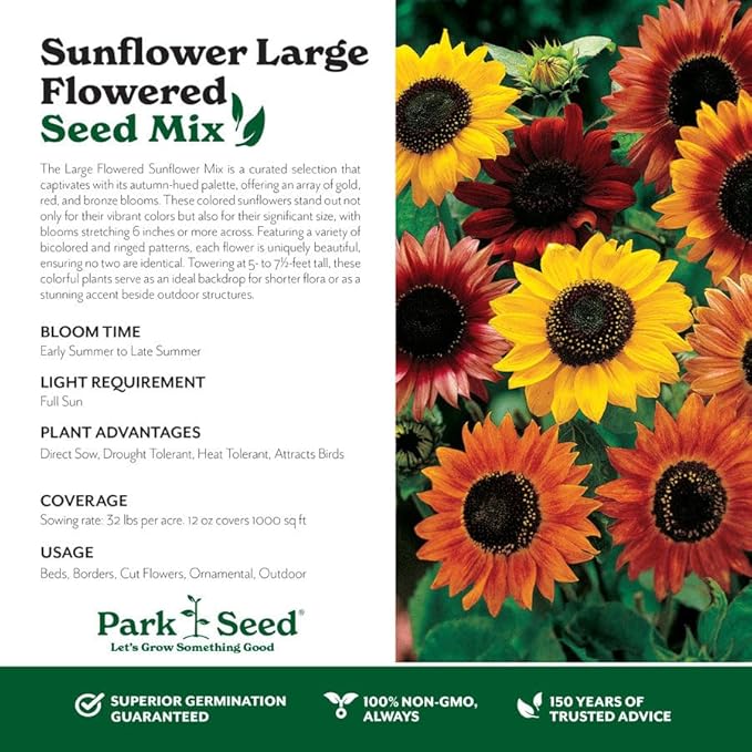Park Seed Grow Your Own Vibrant Annual and Perennial Wildflower Garden Seeds Mixture, Easy to Grow Varieties for Pollinators and Spring Gardens - Large Colored Sunflower Mix, 1 lb