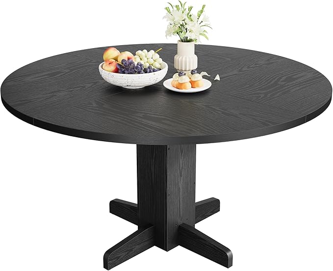 Garvee Round Dining Room Table for 4-6, 47" Wood Kitchen Table with Sturdy Pedestal Base, Farmhouse Circle Dinner Tables for Living Room, Apartment, Black