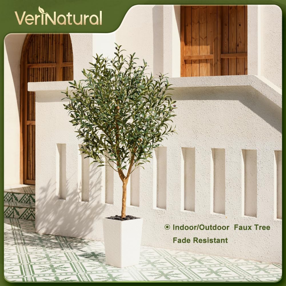 Artificial Olive Tree 6FT, Faux Olive Trees with Real Wood Trunk, UV Resistant Fake Plants in Planter & River Rocks, Indoor Tall Silk Plant for Home Living Room Office Outdoor Decor, VN133