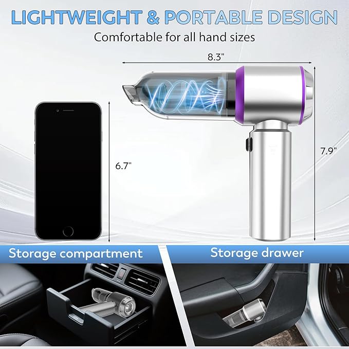 Mini Car Vacuum Cleaner, 4 in 1 Cordless Vacuum Cleaner, 22000PA High Power Portable Car Vacuum with Brushless Motor, for Home, Office, Camping (Silver Purple)