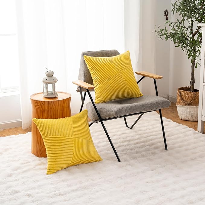 Decorative Throw Pillow Covers 20x20 Inch Set of 2 for Boho Living Room Farmhouse Home Decor, Spring Pillow Covers for Couch Bed, Soft Corduroy Striped Patchwork Cushion Cases, Yellow