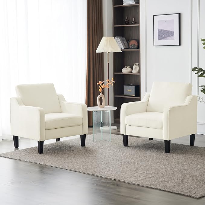 VINGLI Mid Century Modern Accent Chairs for Living Room & Reading - Soft Chenille Upholstered Arm & Side Chairs (Creamy White)
