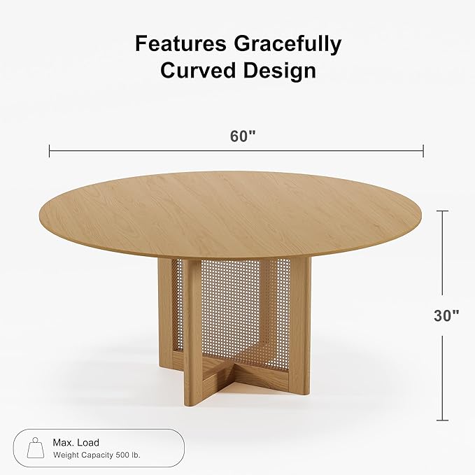 Casaphoria 60" Round Dining Table, Modern Kitchen Table for 8, Scratch-Resistant Top & Rattan Base, Farmhouse Dinner Table for Living Room, Kitchen, Bar, Easy Assembly, Oak