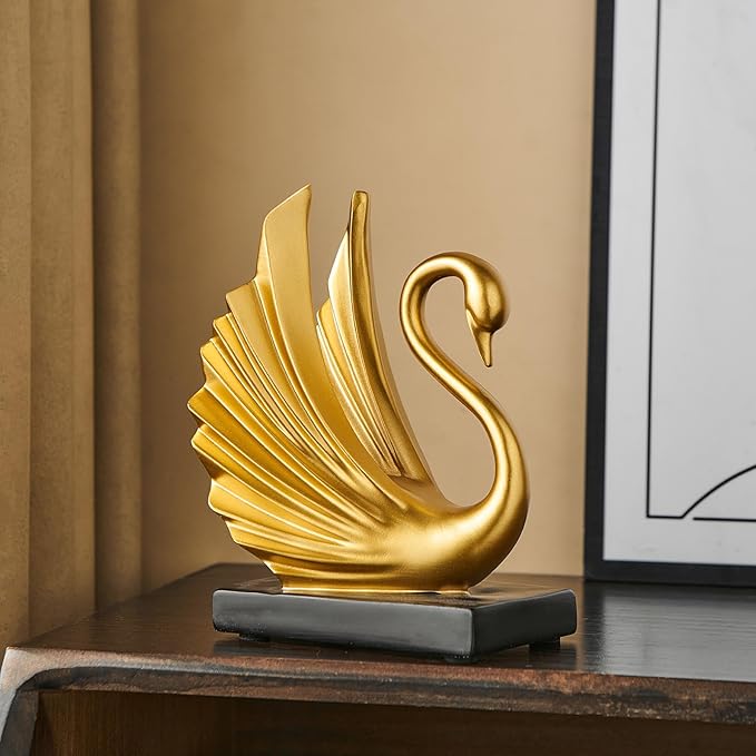 FJS Modern Gold Statue Swan Decor for Living Room, 7.08" H Luxury Sculptures Home Décor Accents for Entryway TV Stand Coffee Table Ceterpiece, Resin Decorations for Dining Room Bedroom Office (Small)