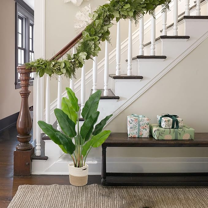 Hollyone 2pcs Large Artificial Bird of Paradise Plant in Pot, 30" Fake Palm Tropical Ferns Potted Plants, 2.6ft Faux Plantain Banana Leaf Plant for Indoor Outdoor Home Garden Decoration