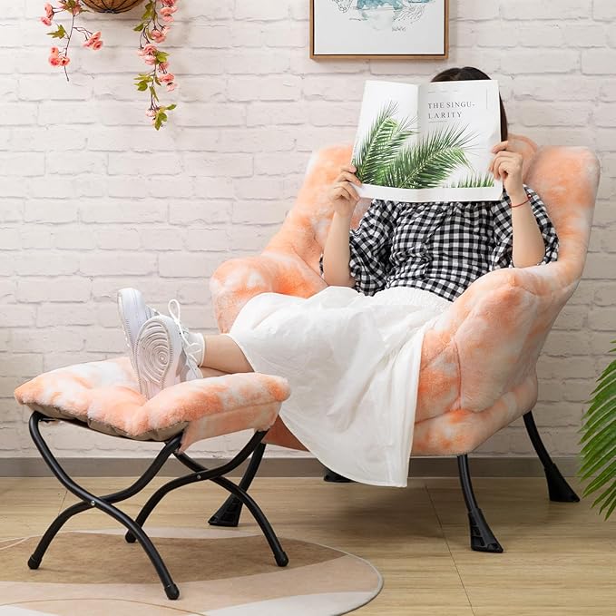 HollyHOME Faux-Fur Lazy Chair with Foldable Ottoman, Accent Comfy Lounge Arm Chair and Folding Footrest Stool Set, Leisure Sofa Reading Chair and Footstool for Living Room, Bedroom, Orange&White