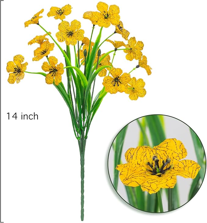 Outdoor Artificial Flowers 21 UV Resistant Bundles Fake Flower Plastic Plants Faux Silk Flowers Porch Hanging Garden Porch Window Box Decorating (Yellow)