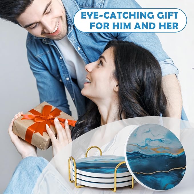 GOH DODD Coasters for Drinks Set of 4, Absorbent Marble Style Ceramic Coaster Set Tabletop Protection Home Decor with Metal Golden Holder for Coffee Table, Father‘s Day Gifts, Blue, Round, 4 Inches