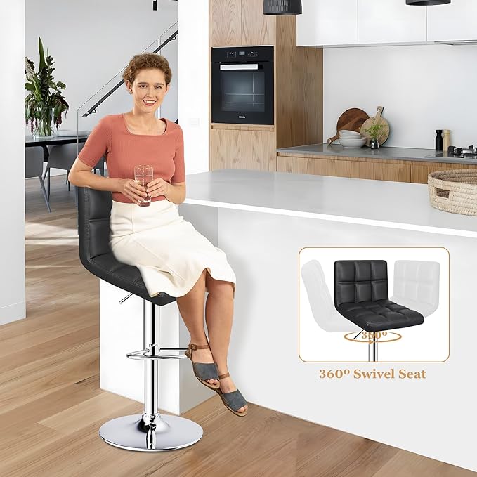 6-Squares Back with Double Needle Adjustable Bar Stools, Set of 2, Black