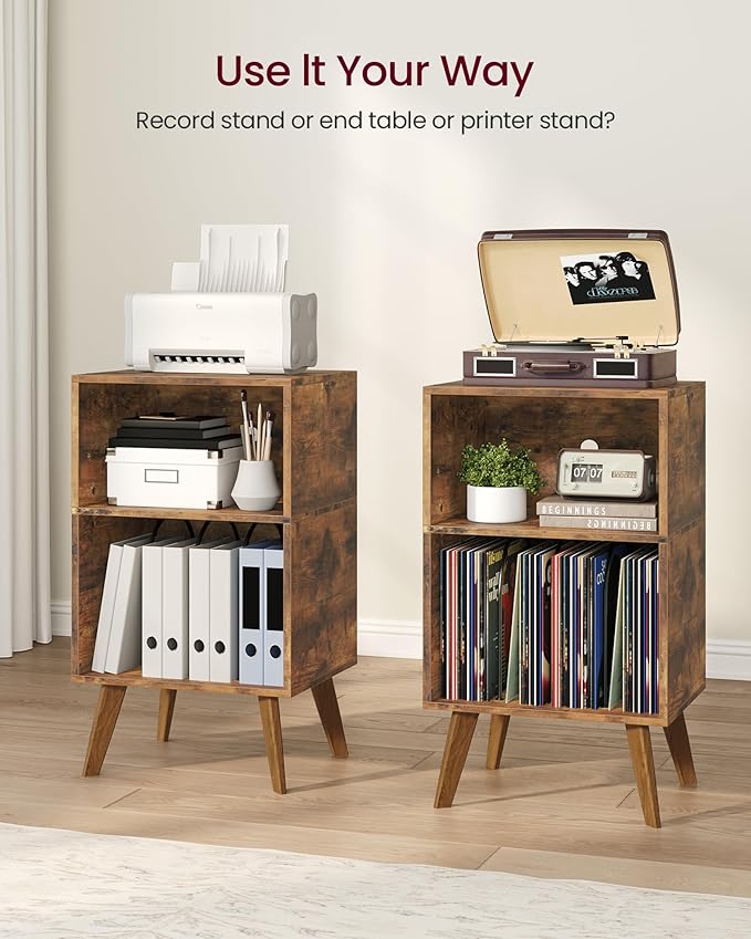 Record Player Stand, 3-Tier Side End Table with Charging Station, Turntable Stand Up to 160 Albums, Vinyl Storage Cabinet Dispaly Shelf for Living Room, Brown