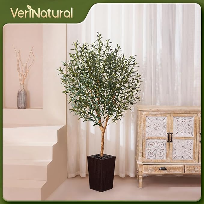 Artificial Olive Tree 6FT, Faux Olive Trees with Real Wood Trunk, UV Resistant Fake Plants in Planter & River Rocks, Indoor Tall Silk Plant for Home Living Room Office Outdoor Decor, VN133