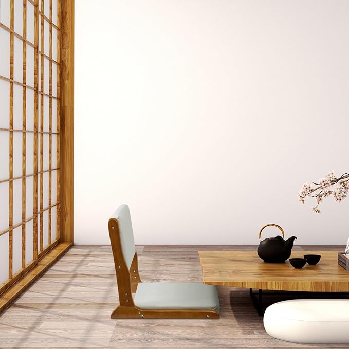 HollyHOME Floor Chair with Back Support, Foldable Japanese Style Floor Chair, Wood Legless Tatami Chair with Cushion, Accent Meditation Floor Seat for Bay Window, Living Room, Bedroom, Beige