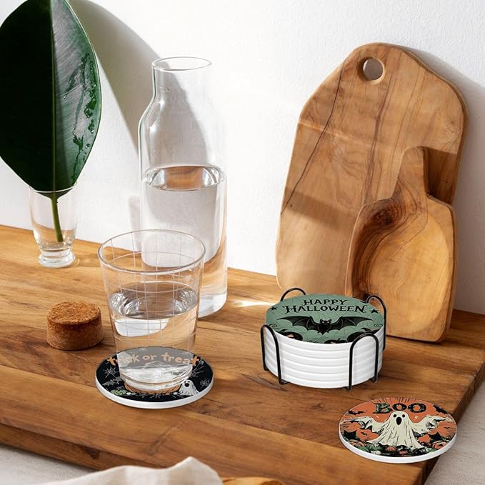 Halloween Drink Absorbent Coasters with Holder Set of 6, Ceramic Stone with Cork Base, Vintage Pumpkin Coaster for Drinks, Gift for Housewarming Room Bar Home Decor Kitchen