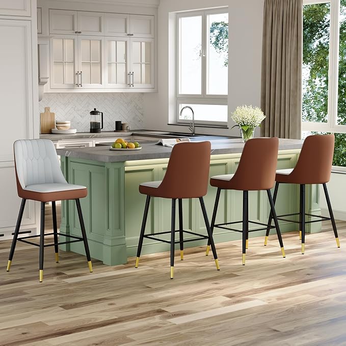 27" Bar Stools Set of 4 - Grey Counter Height Bar Stools Set of 4,Faux Leather Kitchen Island Stools with Sturdy Chrome Metal Leg,Counter Height Stools with Backs,Easy to Assemble