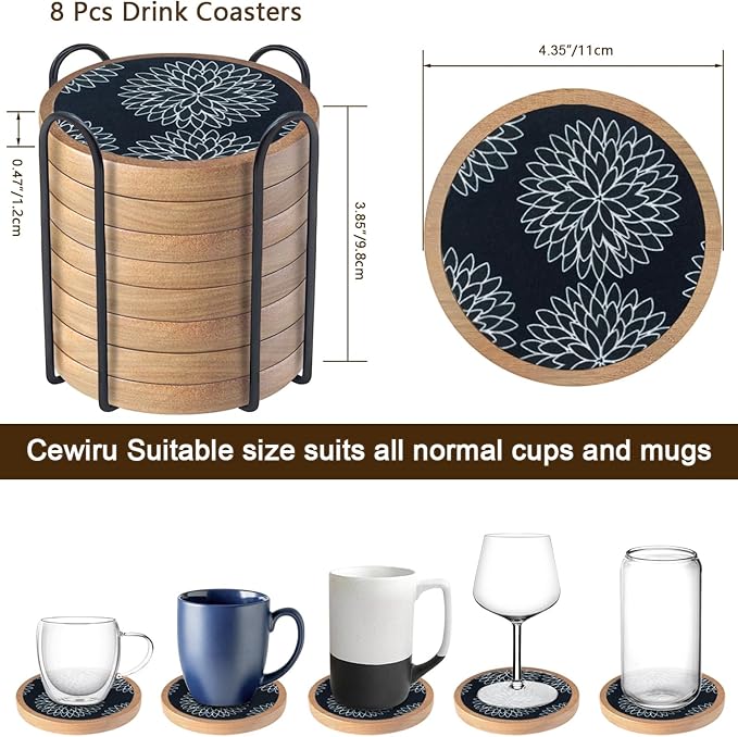 Wood Coasters Set of 8 with Holder, Cewiru Cup Mat for Drinks, Absorbent Coasters with Felt Insert for Coffee Table Protection, Modern Style Home Dining Table Decor, 4.3" Black