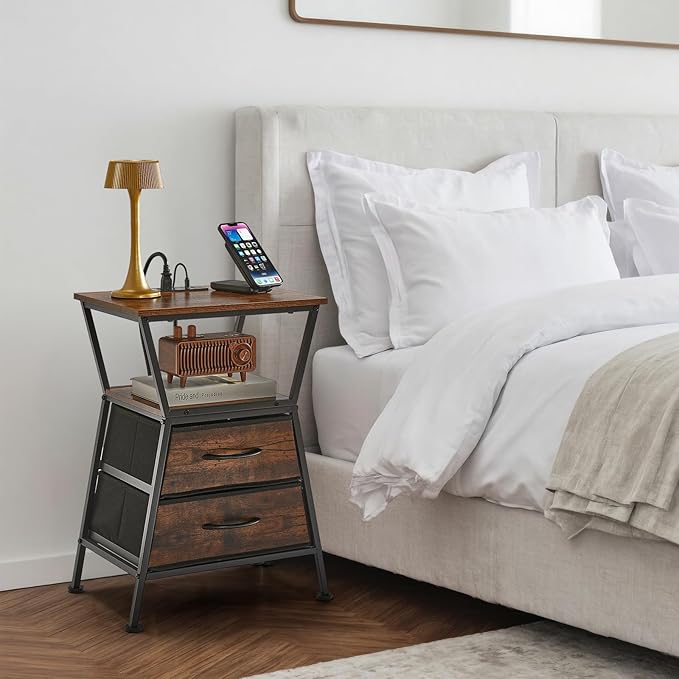 Nightstand with Charging Station, Side Tables for Bedroom with Built-in USB Side Table with 2 USB Ports and Outlets Nightstand with Cloth Drawer End Tables Living Room Sofa Couch